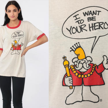 Hero King Shirt I Want To BE YOUR HERO Ringer Tee Graphic TShirt 80s T Shirt Joke Quirky Novelty Retro Burnout Paper Thin Tee Medium Large by ShopExile