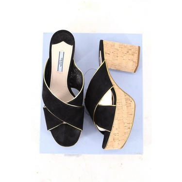 NIB black suede PRADA cork 70s inspired PLATFORMS shoes sandals heels 41 11 