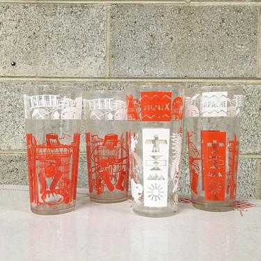 Vintage Navajo Drinking Glasses Retro 1960's Mid Century Modern Tall Orange White and Clear Water Tumblers Set of 4 Matching 