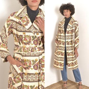 Vintage 1970s Jacket / 70s Floral Tapestry Trench Coat / Tan Green ( M L ) 