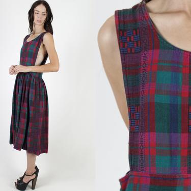 80s Ethnic Plaid Pinafore Dress / Draped Open Side Apron With Pockets / Colorful Colorblock Geometric Midi Mini Dress 