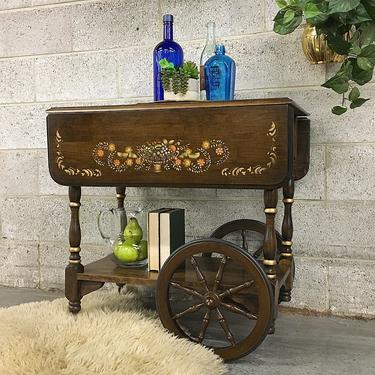 LOCAL PICKUP ONLY Vintage Bar Cart Retro 1980s Colonial Style Dark Brown Wood Bar Cart with Stenciled Flower Design + Wagon Wheels + Handle 