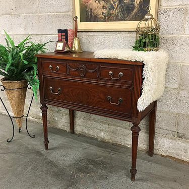 LOCAL PICKUP ONLY Vintage Dark Wood Dresser Retro 1950's Two Drawer Dresser with Carved Wood Metal Hardware and Spindle Legs 