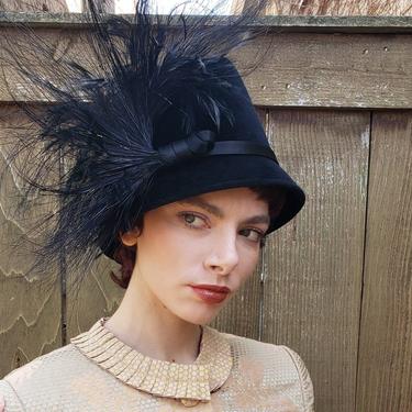 Vintage Philip Treacy Hat Black with Feathers / Handmade Bucket Hat Royal British London Milliner Hat Designer / One of a Kind 