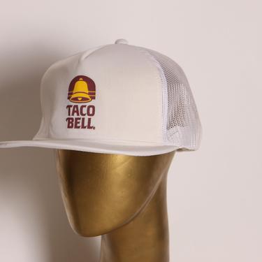 Deadstock 1980s White, Brown and Yellow Novelty Taco Bell Trucker Hat Baseball Cap 