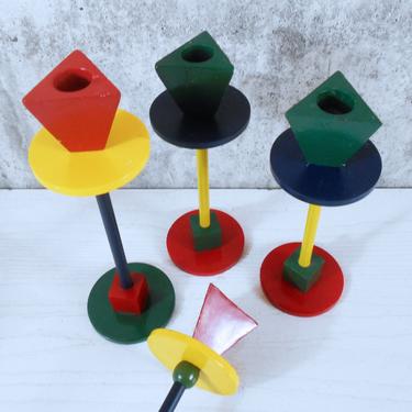 Set of Four Memphis-Milano-Style Geometric Iron Candlestick Holders 