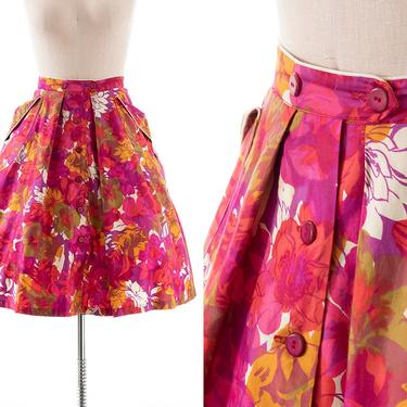 Vintage 1960s Skirt | 60s Floral Printed Cotton Pink Pleated Full Skirt with Big Pockets (x-large) 