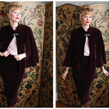 1930s Suit // Bordeaux Velvet Cape &amp; Skirt Suit // vintage 30s suit 