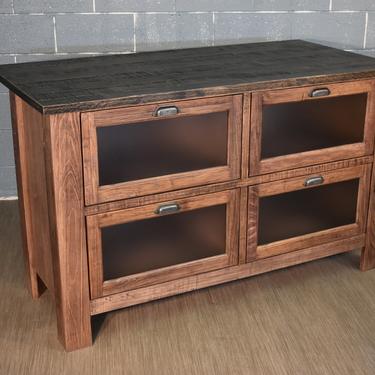 Rustic Farmhouse Style Solid Wood Kitchen Island with Four Glass Door Shelves and Overhang for Stools - Rustic Walnut 