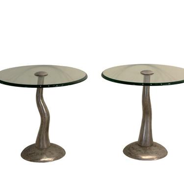Pair of Postmodern Memphis Wavy Metal & Glass Top Round End Side Tables 
