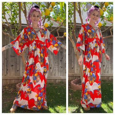 Vintage 1970’s Red Maxi Dress with Butterfly Floral Print 