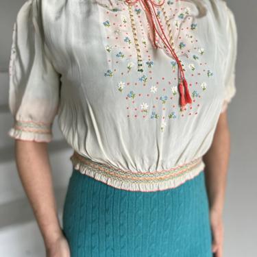 Lovely and Delicate Ivory Silk Embroidered and Smocked Hungarian Blouse 36 Bust Vintage 