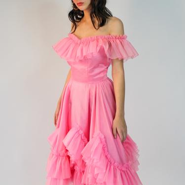 80s Bubblegum Pink Prom Dress | Ruffled Shimmer Party Dress | Vintage Satin Date Night Cocktail Dress 1980s 