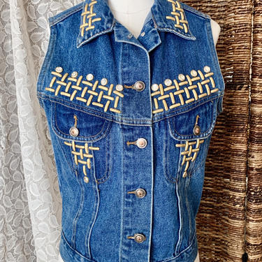 Vintage Denim Vest, Crop, Metal Embellished, Rhinestones, Sleeveless Top, 80s 90s 