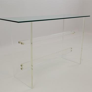 Italian Mid Century Modern Lucite Pedestal Glass Shallow Console Table - mcm 
