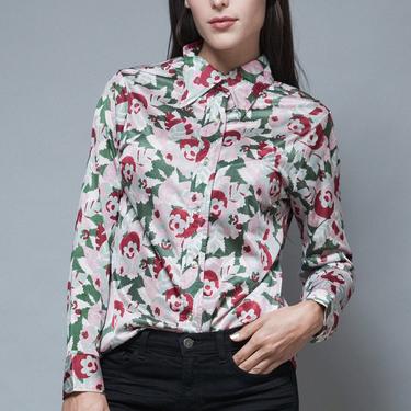polyester blouse printed shirt top floral long sleeves slinky vintage 70s S M SMALL MEDIUM 