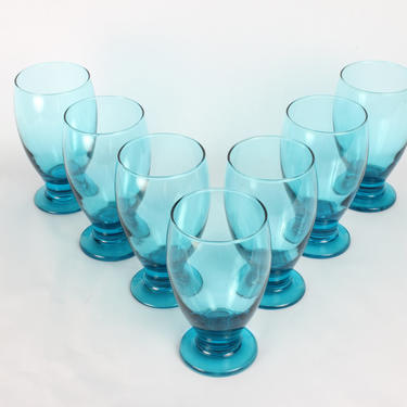 Blue Glassware, Vintage Glassware, Azure, Blue Glasses, Vintage, Mid Century Glassware, Cocktail Glassware, Footed Glassware, Set of 7 