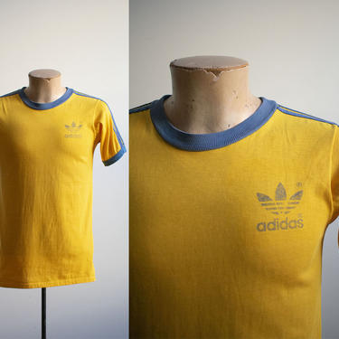 Vintage 1970s Adidas Tshirt / Vintage Trefoil ADIDAS Tshirt / Vintage Adidas Ringer Tshirt / Vintage Adidas Shirt / Yellow Adidas Ringer by milkandice