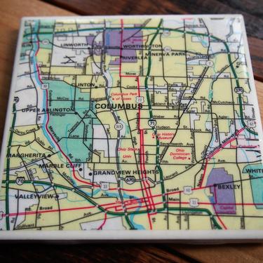 1983 Columbus Ohio Handmade Repurposed Vintage Map Coaster - Ceramic Tile - Repurposed 1980s City Map Atlas - One of a Kind Drink Coaster 
