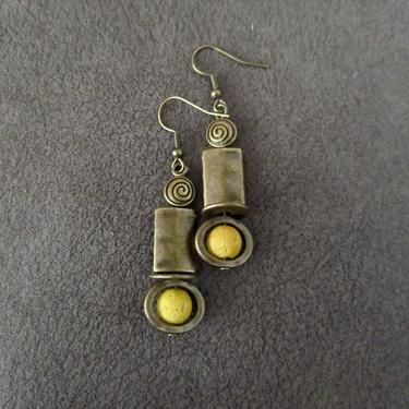 Industrial earrings, yellow lava rock and bronze minimalist earrings, mid century modern earrings, unique Art Deco earrings, geometric 