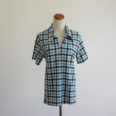 Vintage Plaid Shirt, Short Sleeve Top,  Collared Bouse, 70s Blouse, Blue and Black Checked Shirt, 1970s Preppy Shirt, Medium Large 