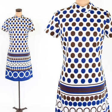 1960s Blue Brown Polka Dot Dress | Polka Dot Polyester Shift | Peck &amp; Peck | Medium 