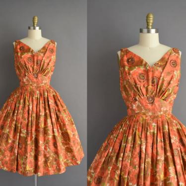 vintage 1950s dress | Norma Morgan Polished Cotton Orange Floral Print Sweeping Full Skirt Dress | Medium | 50s vintage dress 