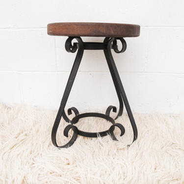 Vintage Solid Wood Stool with Cast Iron Scroll Base 