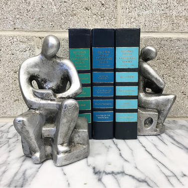 Vintage Bookends Retro 1980s Ceramic + Silver or Grey + Abstract + Sculpture + Men Reading + Book Storage + Organization + Home Office Decor 