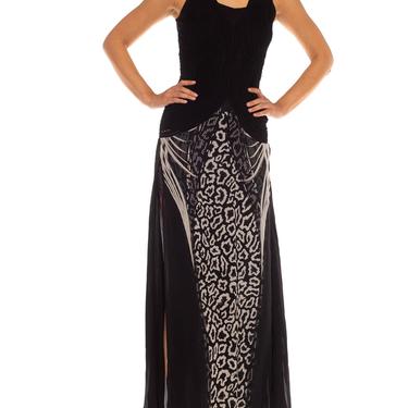 1990S  Roberto Cavalli Black  White Rayon Silk Knit Gown With Leopard Print 