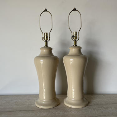 80's Vintage Beige Ceramic Glaze Decorative Table Lamps - a Pair 