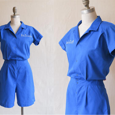 Vintage 60s Gym Uniform Romper/ 1960s  1970s Blue Cotton Playsuit/ Size Medium 