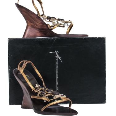 Giuseppe Zanotti - Brown &amp; Gold Jeweled Strappy “Cleo” Wedge Sandals Sz 9