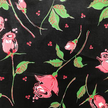 Vintage 1960s Cotton Floral Fabric, Pink Roses on Black Background, One Yard 36&amp;quot; x 33&amp;quot; 