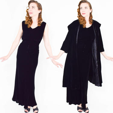 40s Black Velvet Gown | Black Silk Velvet Bias Cut Dress &amp; Swing Jacket | Small 