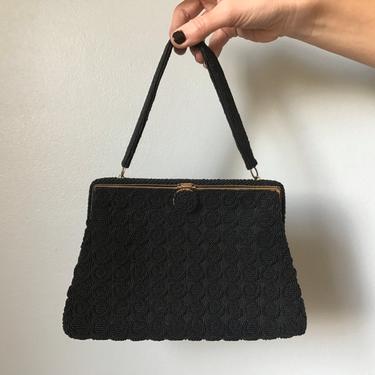 60s beaded handbag | black glass beaded handbag 
