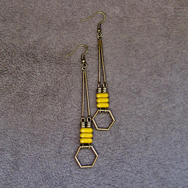 Minimalist mustard yellow earrings, bronze mid century earrings, statement earrings, brutalist earrings, geometric earrings, simple dangle 