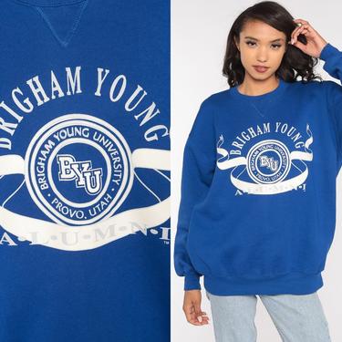 BYU Sweatshirt 80s Sweatshirt College Brigham Young University Shirt Jumper 1980s Blue Vintage Extra Large xl 