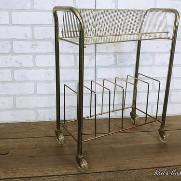 Mid Century Gold Wire Record Rack Table with Wheels 