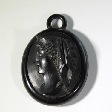Antique Carved Jet Mourning Cameo Pendant 