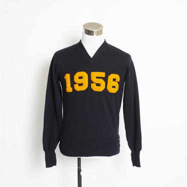 Vintage 1950s Varsity Sweater Navy Wool Knit Letterman Pullover 50s Medium M 