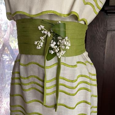 Vintage 1950s Moygashel Irish Linen Dress with Belt - M/L W: 30&quot; 