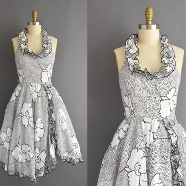 vintage 50s inspired dress - black white cotton halter floral print sun dress - Size Small Medium - 1950s dress 