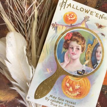Antique Halloween Post Card, Circa 1900, Woman Love Fate, Woman In Mirror Wuth Jack O Lanterns 