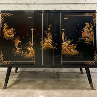 Hollywood Regency Black Lacquer Chinoiserie Cabinet With Brass Handles 