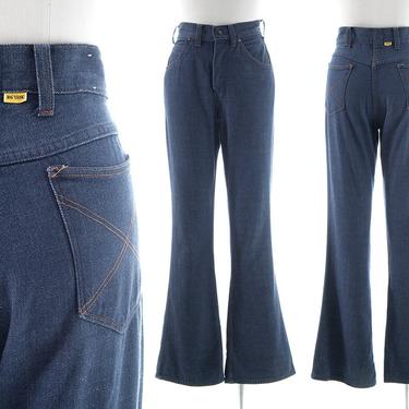 Vintage 1970s Bell Bottom Jeans | 70s Dark Wash Blue Denim Mid to High Waisted Flared Pants (small/medium) 