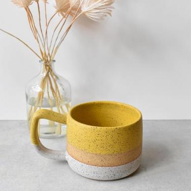 Short Speckled Stoneware Yellow and White Simple Color Block Handmade Ceramics Mug 