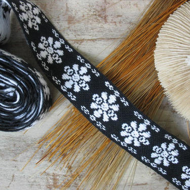 Vintage Black And White Woven Trim Tribal White Flowers On Black Hippie Boho Sewing Supply 3 Yards 