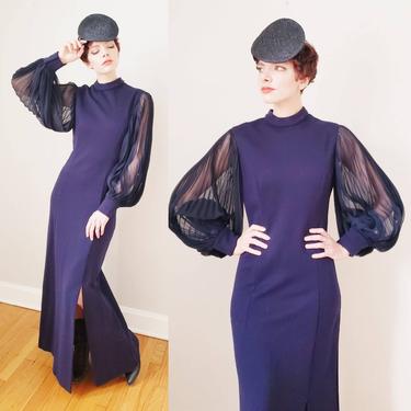 1970s Navy Blue Maxi Dress Balloon Sleeves Sheer Pleated Mignon / 70s Long Sleeved Dress Statement Sleeves High Drama / M 