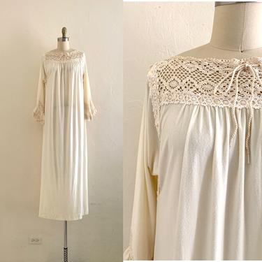vintage 70's christian dior night gown / cream boho maxi night gown 